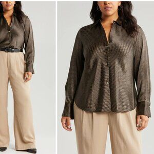Vince Black and Brown Houndstooth Silk Blouse 1X